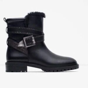 ZARA Woman Black Moto Boots Silver Studded Straps Goth Punk Size 6 / 36
